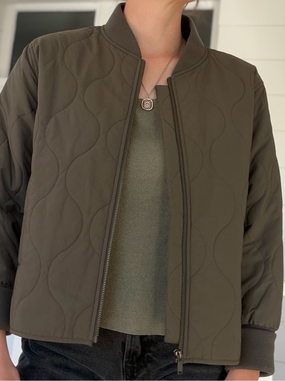 OAK + FORT Olive Green Quilted Bomber Jacket Medium Fits Small
